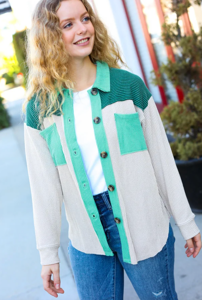 Give Joy Hunter Green Ribbed Colorblock Button Down Shacket-Timber Brooke Boutique, Online Women's Fashion Boutique in Amarillo, Texas