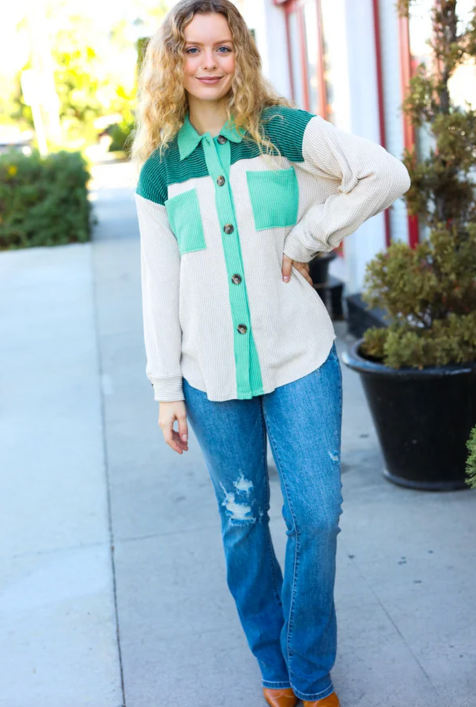 Give Joy Hunter Green Ribbed Colorblock Button Down Shacket-Timber Brooke Boutique, Online Women's Fashion Boutique in Amarillo, Texas