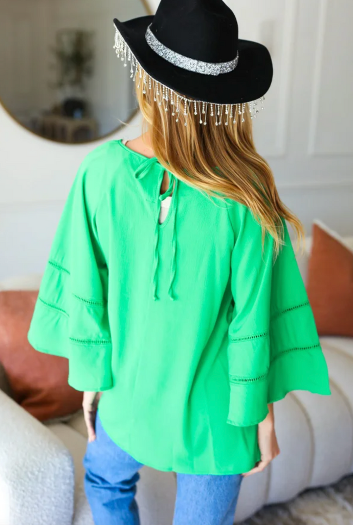 Joyful Green Crepe Back Tie Strap Crochet Bell Sleeve Blouse-Timber Brooke Boutique, Online Women's Fashion Boutique in Amarillo, Texas