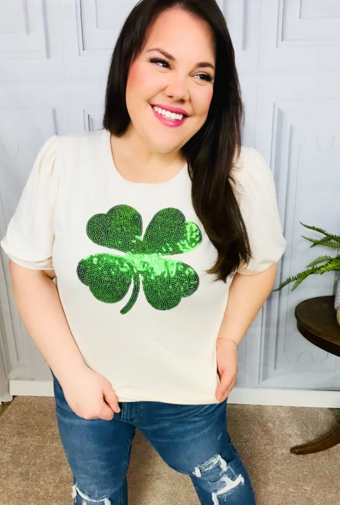 Saint Patty Sequin Clover French Terry Puff Sleeve Top-Timber Brooke Boutique, Online Women's Fashion Boutique in Amarillo, Texas