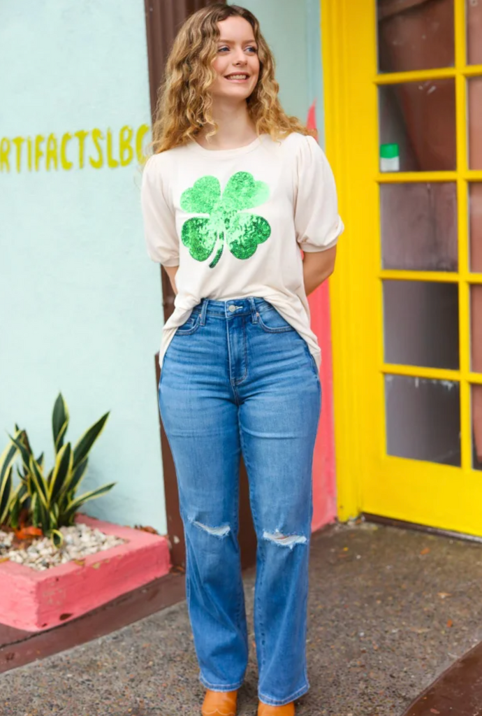 Saint Patty Sequin Clover French Terry Puff Sleeve Top-Timber Brooke Boutique, Online Women's Fashion Boutique in Amarillo, Texas