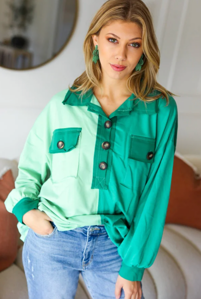 On The Way Up Mint Color Block Button Down Pullover-Timber Brooke Boutique, Online Women's Fashion Boutique in Amarillo, Texas