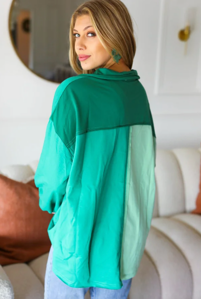 On The Way Up Mint Color Block Button Down Pullover-Timber Brooke Boutique, Online Women's Fashion Boutique in Amarillo, Texas