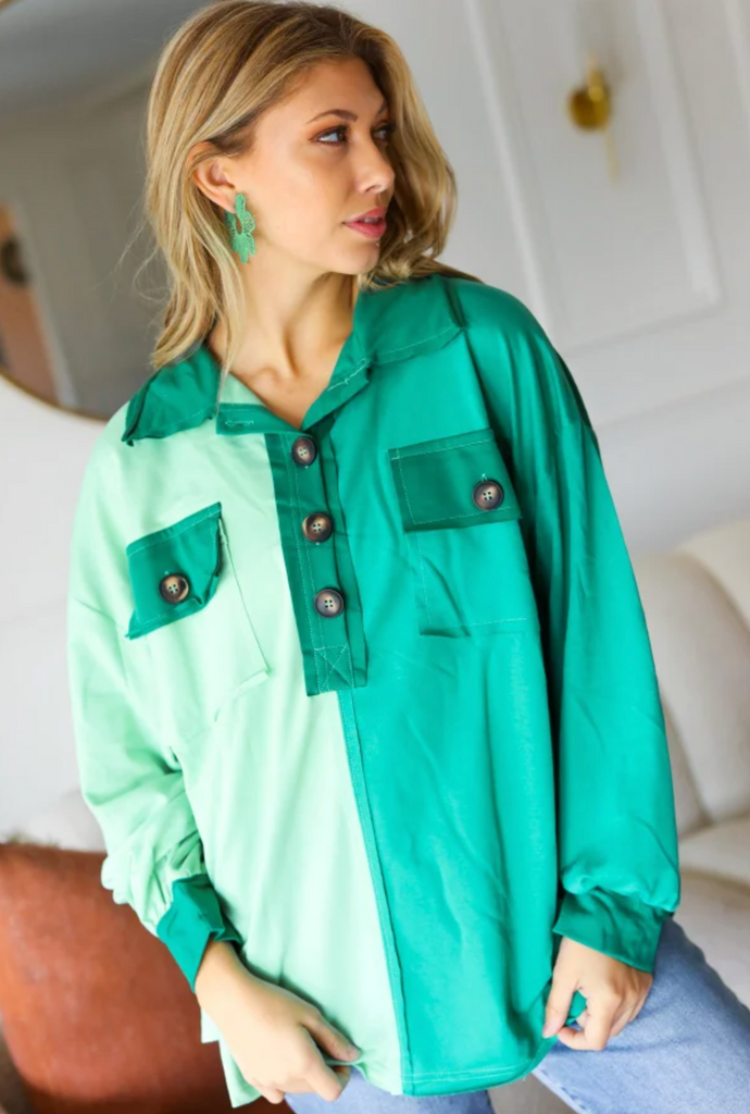 On The Way Up Mint Color Block Button Down Pullover-Timber Brooke Boutique, Online Women's Fashion Boutique in Amarillo, Texas