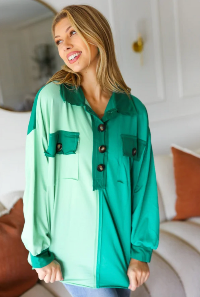 On The Way Up Mint Color Block Button Down Pullover-Timber Brooke Boutique, Online Women's Fashion Boutique in Amarillo, Texas