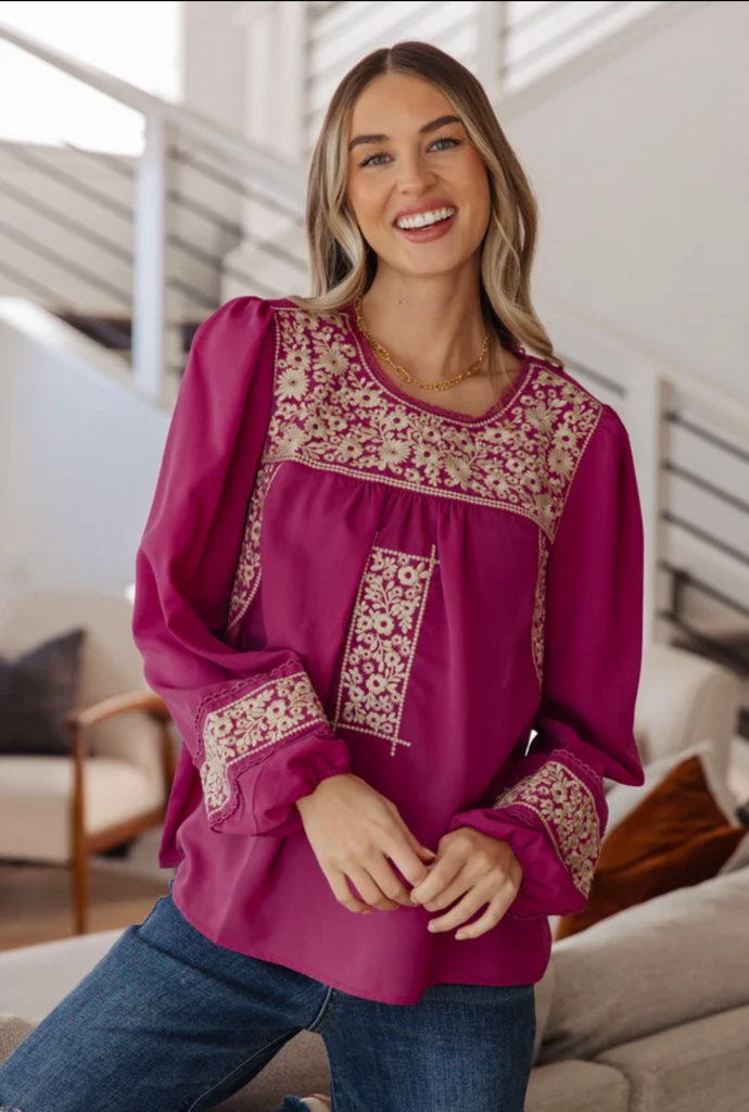 Rodeo Queen Embroidered Blouse-Timber Brooke Boutique, Online Women's Fashion Boutique in Amarillo, Texas