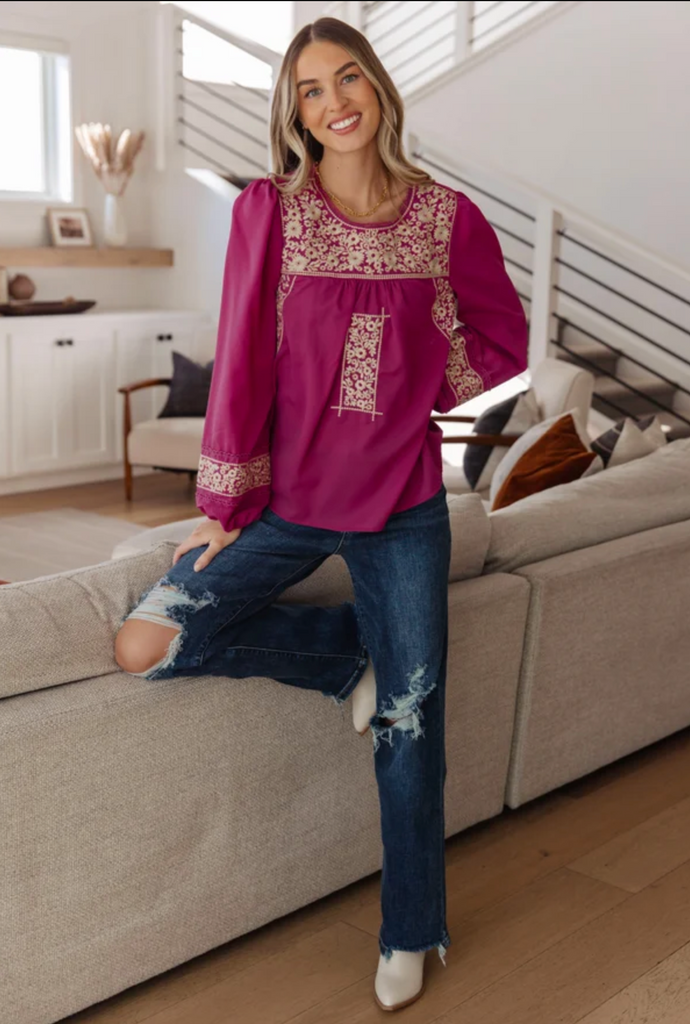 Rodeo Queen Embroidered Blouse-Timber Brooke Boutique, Online Women's Fashion Boutique in Amarillo, Texas