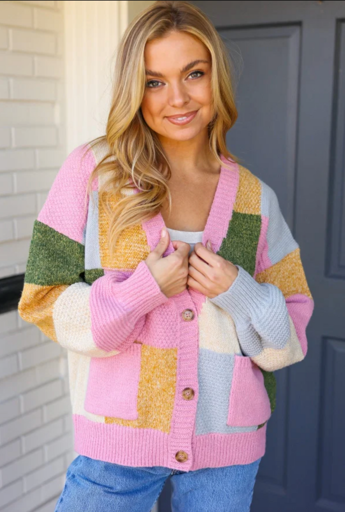 Very Connected Dusty Pink Patchwork Color Block Cardigan-Timber Brooke Boutique, Online Women's Fashion Boutique in Amarillo, Texas