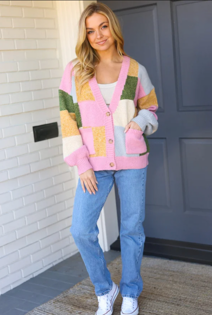 Very Connected Dusty Pink Patchwork Color Block Cardigan-Timber Brooke Boutique, Online Women's Fashion Boutique in Amarillo, Texas