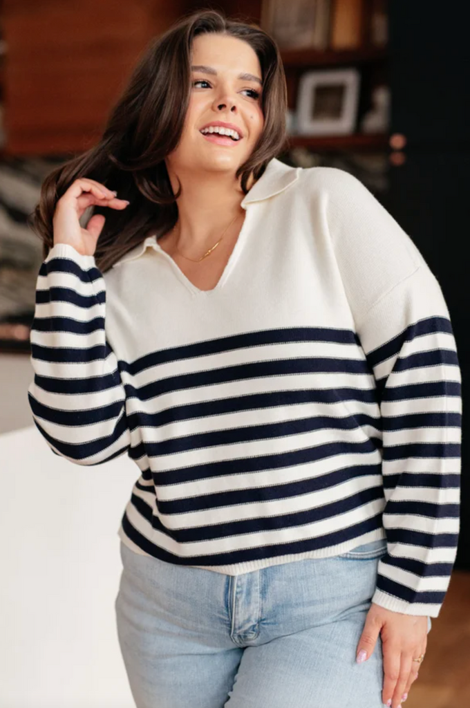 Memorable Moments Striped Sweater in White-Timber Brooke Boutique, Online Women's Fashion Boutique in Amarillo, Texas