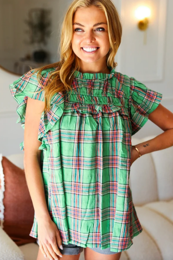 Green Plaid Shirred Yoke Flutter Sleeve Top-Timber Brooke Boutique, Online Women's Fashion Boutique in Amarillo, Texas