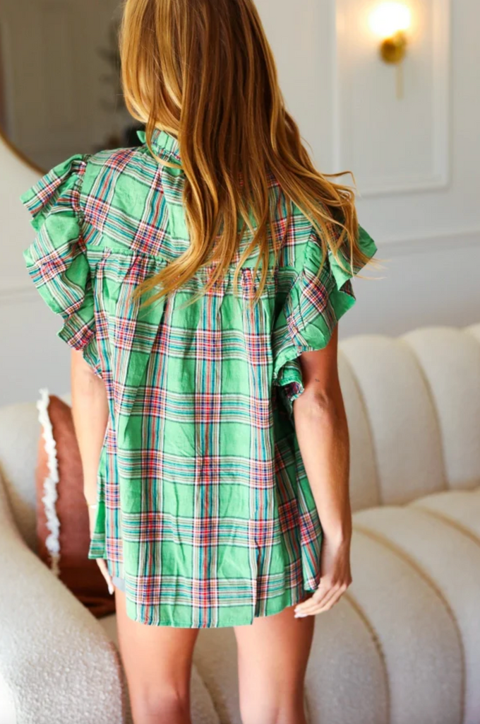 Green Plaid Shirred Yoke Flutter Sleeve Top-Timber Brooke Boutique, Online Women's Fashion Boutique in Amarillo, Texas