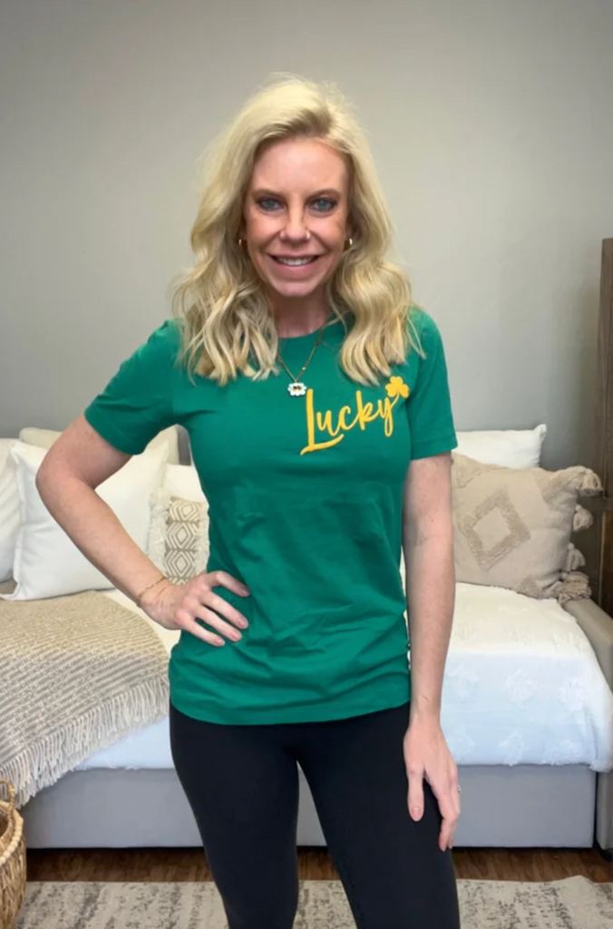 Lucky Glitter Puff Ink Graphic Tee-Timber Brooke Boutique, Online Women's Fashion Boutique in Amarillo, Texas