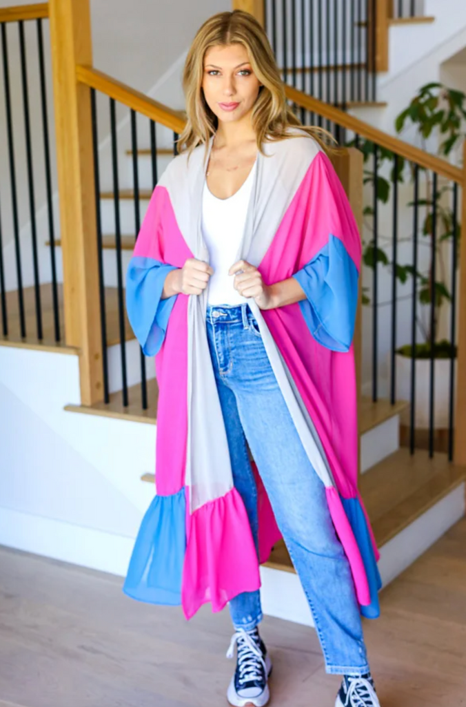 Taupe & Fuchsia Color Block Ruffle Hem Kimono-Timber Brooke Boutique, Online Women's Fashion Boutique in Amarillo, Texas