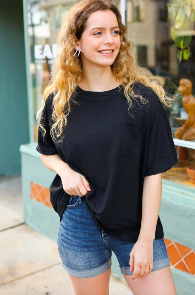 Be Bold Black Crinkle Texture Pocketed Dolman Top-Timber Brooke Boutique, Online Women's Fashion Boutique in Amarillo, Texas