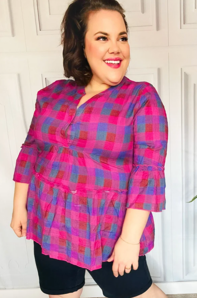 Back To Basics Fuchsia Plaid Notched Neck Babydoll Top-Timber Brooke Boutique, Online Women's Fashion Boutique in Amarillo, Texas