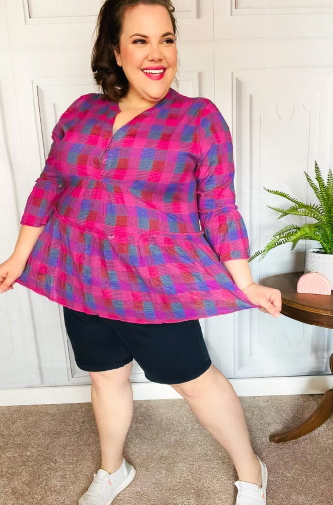 Back To Basics Fuchsia Plaid Notched Neck Babydoll Top-Timber Brooke Boutique, Online Women's Fashion Boutique in Amarillo, Texas