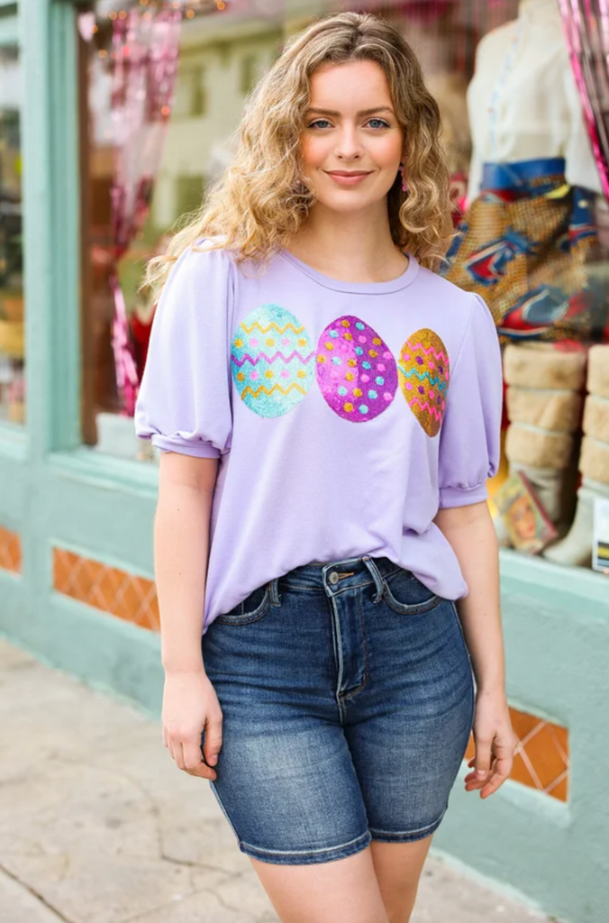 Turn Heads Lilac Sequin Easter Egg Terry Top-Timber Brooke Boutique, Online Women's Fashion Boutique in Amarillo, Texas