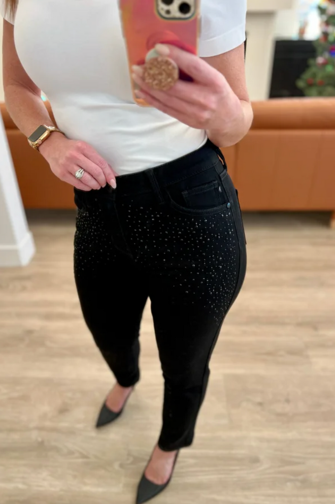 Reese Rhinestone Slim Fit Jeans in Black - Sample-Timber Brooke Boutique, Online Women's Fashion Boutique in Amarillo, Texas