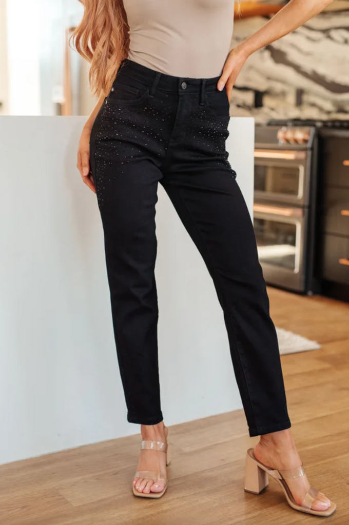 Reese Rhinestone Slim Fit Jeans in Black - Sample-Timber Brooke Boutique, Online Women's Fashion Boutique in Amarillo, Texas