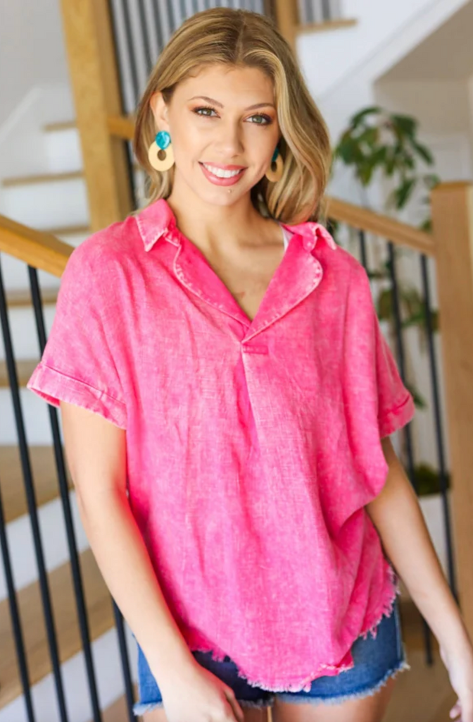 SAMPLE! Ready For Spring Fuchsia Washed Linen Collared Top-Timber Brooke Boutique, Online Women's Fashion Boutique in Amarillo, Texas