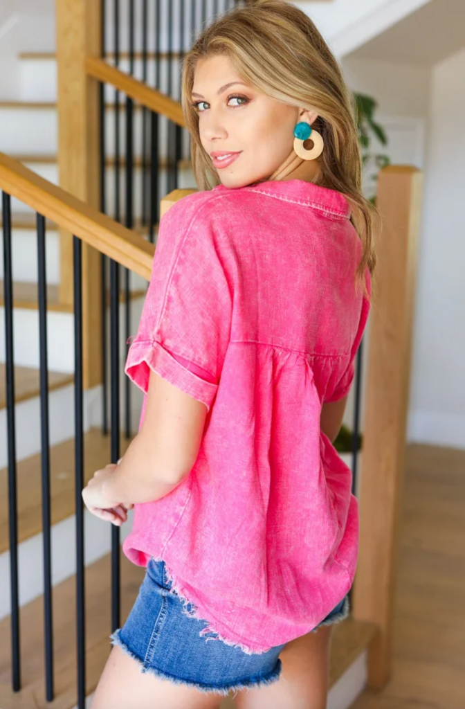 SAMPLE! Ready For Spring Fuchsia Washed Linen Collared Top-Timber Brooke Boutique, Online Women's Fashion Boutique in Amarillo, Texas