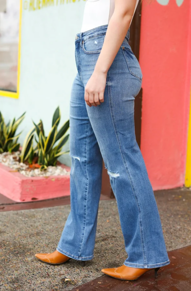 SAMPLE! Judy Blue Step It Up High Rise Straight Ripped Knee Jeans-Timber Brooke Boutique, Online Women's Fashion Boutique in Amarillo, Texas