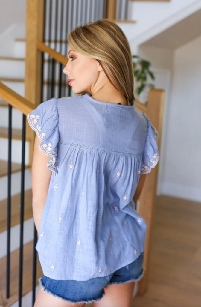 SAMPLE! Remember Me Blue Cotton Embroidered Scalloped Sleeve Top-Timber Brooke Boutique, Online Women's Fashion Boutique in Amarillo, Texas