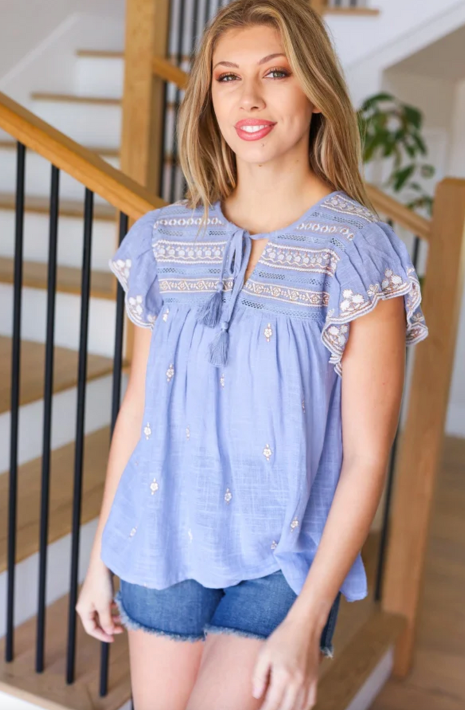 SAMPLE! Remember Me Blue Cotton Embroidered Scalloped Sleeve Top-Timber Brooke Boutique, Online Women's Fashion Boutique in Amarillo, Texas