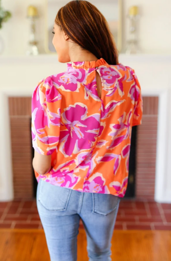 SAMPLE! Feel Your Best Fuchsia Orange Floral Print Frill Mock Neck Top-Timber Brooke Boutique, Online Women's Fashion Boutique in Amarillo, Texas