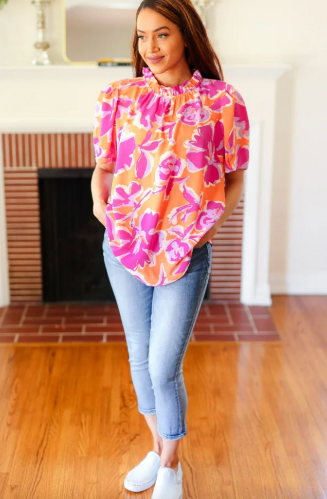 SAMPLE! Feel Your Best Fuchsia Orange Floral Print Frill Mock Neck Top-Timber Brooke Boutique, Online Women's Fashion Boutique in Amarillo, Texas