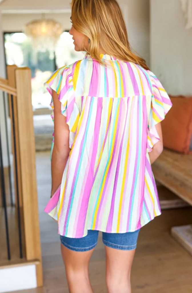 SAMPLE! Perfectly You Multicolor Striped Shirred Yoke Mock Neck Top-Timber Brooke Boutique, Online Women's Fashion Boutique in Amarillo, Texas