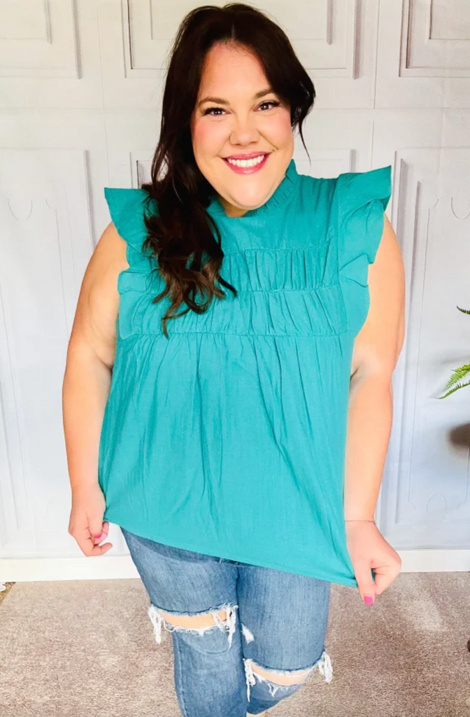 Love Life Cotton Turquoise Frill Mock Neck Flutter Sleeve Top - Sample-Timber Brooke Boutique, Online Women's Fashion Boutique in Amarillo, Texas