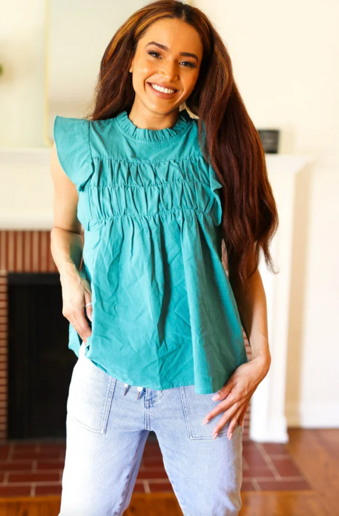 Love Life Cotton Turquoise Frill Mock Neck Flutter Sleeve Top - Sample-Timber Brooke Boutique, Online Women's Fashion Boutique in Amarillo, Texas