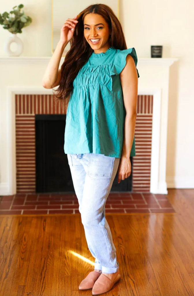 Love Life Cotton Turquoise Frill Mock Neck Flutter Sleeve Top - Sample-Timber Brooke Boutique, Online Women's Fashion Boutique in Amarillo, Texas