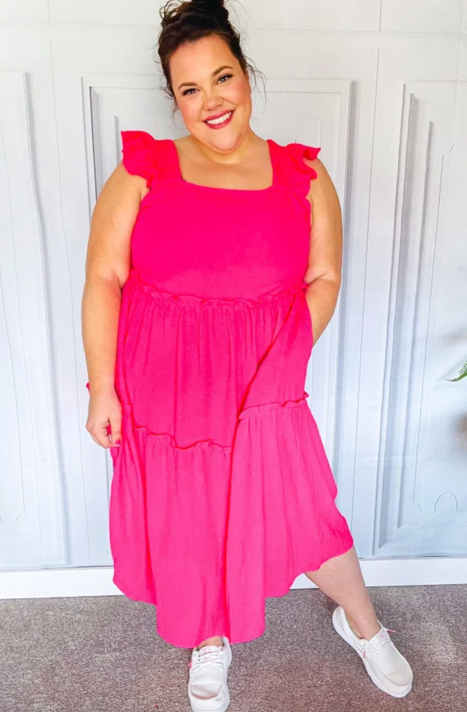 Lots To Love Fuchsia Smocked Flutter Sleeve Tiered Midi Dress - Sample-Timber Brooke Boutique, Online Women's Fashion Boutique in Amarillo, Texas