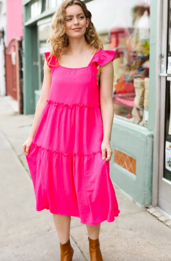 Lots To Love Fuchsia Smocked Flutter Sleeve Tiered Midi Dress - Sample-Timber Brooke Boutique, Online Women's Fashion Boutique in Amarillo, Texas