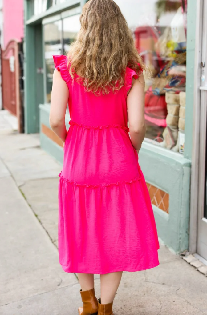 Lots To Love Fuchsia Smocked Flutter Sleeve Tiered Midi Dress - Sample-Timber Brooke Boutique, Online Women's Fashion Boutique in Amarillo, Texas