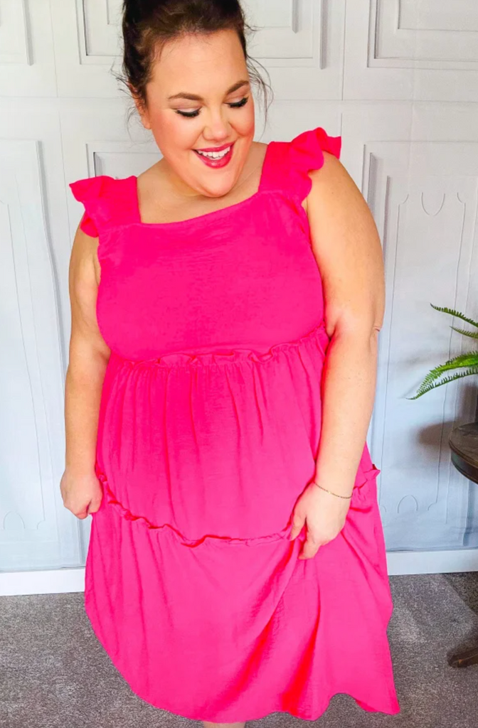 Lots To Love Fuchsia Smocked Flutter Sleeve Tiered Midi Dress - Sample-Timber Brooke Boutique, Online Women's Fashion Boutique in Amarillo, Texas