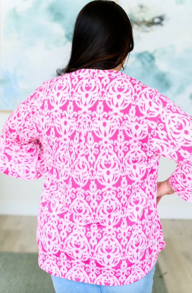 Lizzy Bell Sleeve Top in Hot Pink Damask - Sample-Timber Brooke Boutique, Online Women's Fashion Boutique in Amarillo, Texas