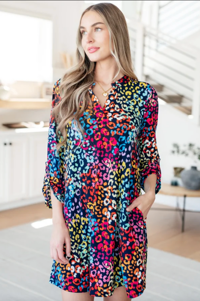 SAMPLE! Lizzy Dress in Navy Rainbow Leopard-Timber Brooke Boutique, Online Women's Fashion Boutique in Amarillo, Texas