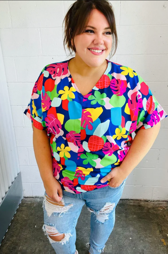 SAMPLE! Time For Sun Navy Multicolor Tropical Print V Neck Top-Timber Brooke Boutique, Online Women's Fashion Boutique in Amarillo, Texas