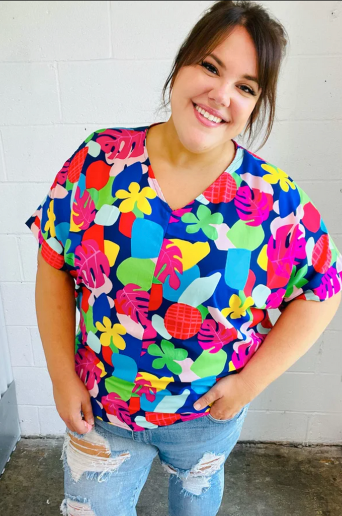 SAMPLE! Time For Sun Navy Multicolor Tropical Print V Neck Top-Timber Brooke Boutique, Online Women's Fashion Boutique in Amarillo, Texas