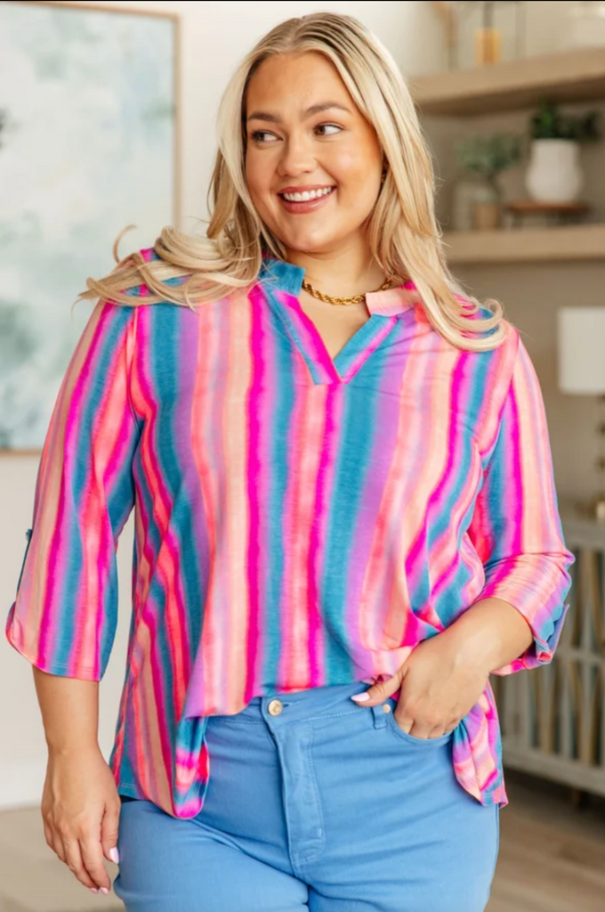 SAMPLE! Lizzy Top in Blue and Pink Stripe-Timber Brooke Boutique, Online Women's Fashion Boutique in Amarillo, Texas