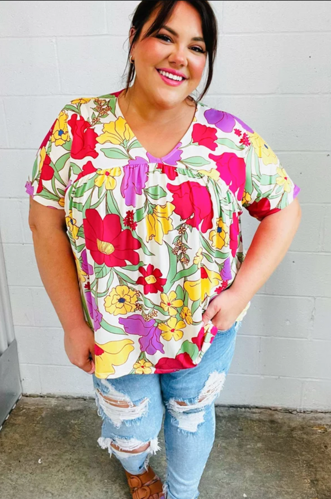 SAMPLE! Multicolor Floral V Neck Dolman Top-Timber Brooke Boutique, Online Women's Fashion Boutique in Amarillo, Texas