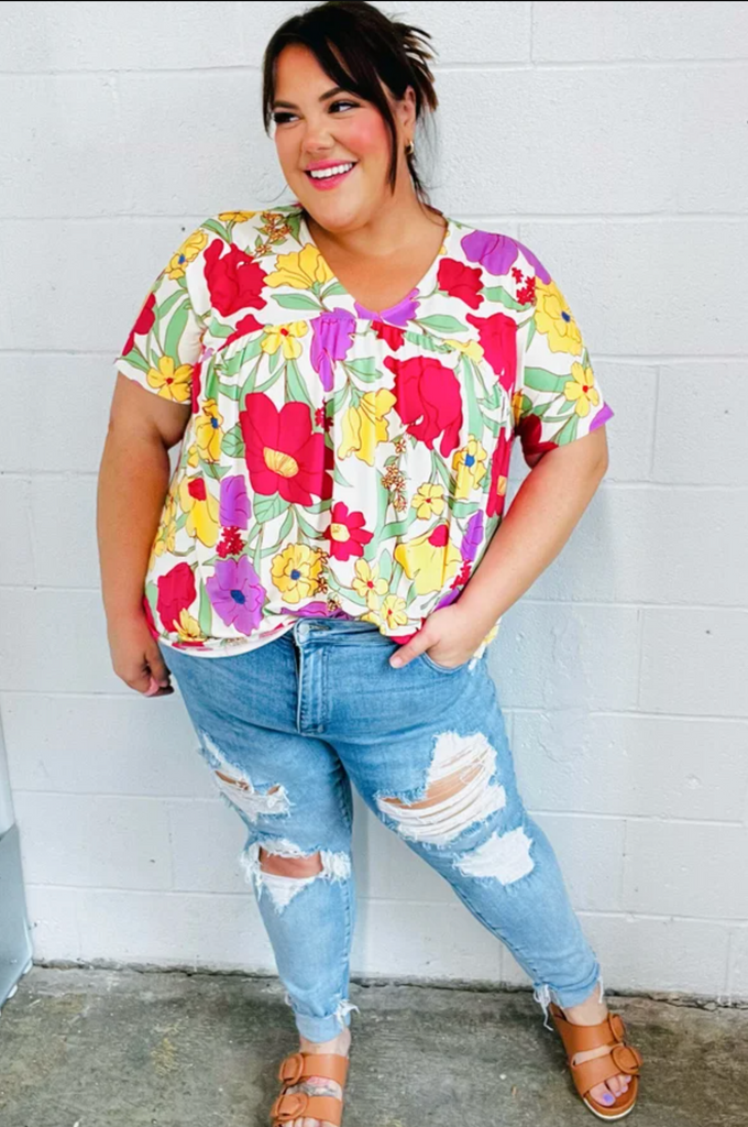 SAMPLE! Multicolor Floral V Neck Dolman Top-Timber Brooke Boutique, Online Women's Fashion Boutique in Amarillo, Texas