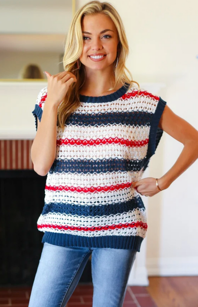 SAMPLE! Holiday Ready Red White & Blue Striped Crochet Top-Timber Brooke Boutique, Online Women's Fashion Boutique in Amarillo, Texas