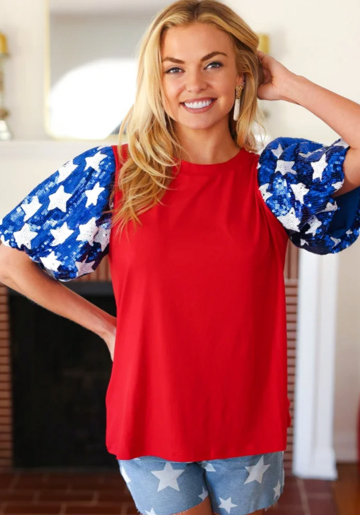 SAMPLE! Feeling Patriotic Red & Blue Star Sequin Puff Sleeve Top-Timber Brooke Boutique, Online Women's Fashion Boutique in Amarillo, Texas