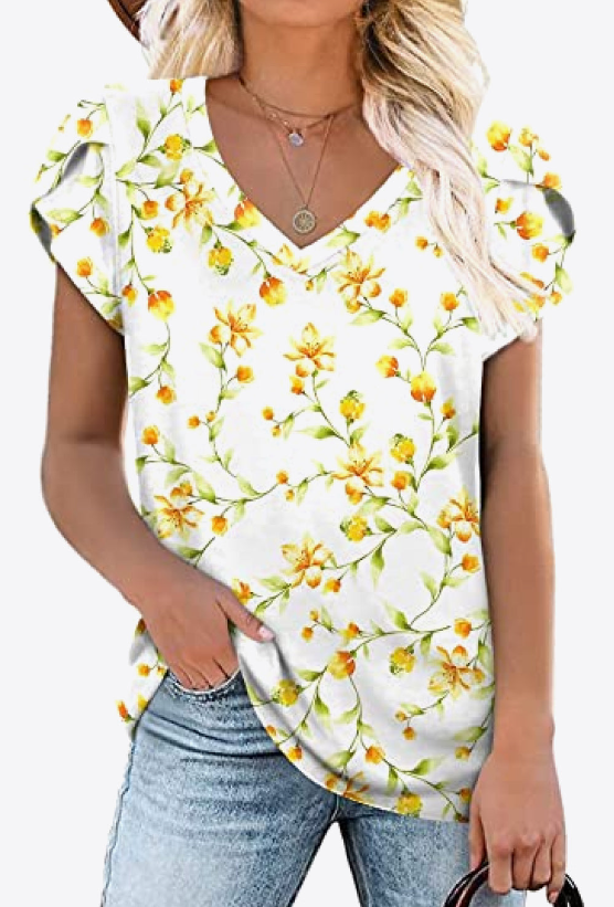 SAMPLE! Printed Petal Sleeve V-Neck Blouse-Timber Brooke Boutique, Online Women's Fashion Boutique in Amarillo, Texas