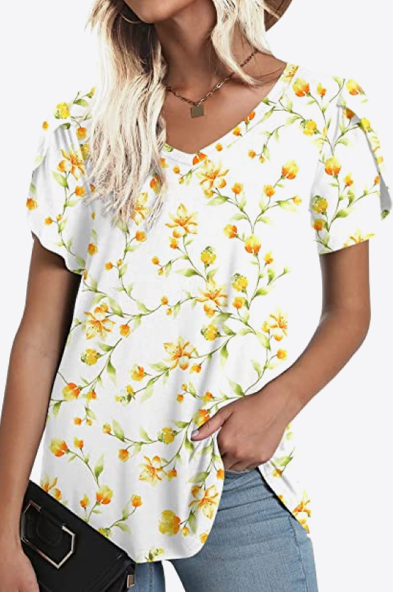 SAMPLE! Printed Petal Sleeve V-Neck Blouse-Timber Brooke Boutique, Online Women's Fashion Boutique in Amarillo, Texas